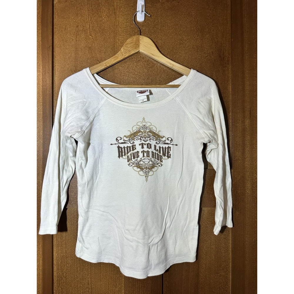 Harley Davidson Womens Large White 3/4 Sleeve Ride To Live Dealer Shirt LG‎ MO